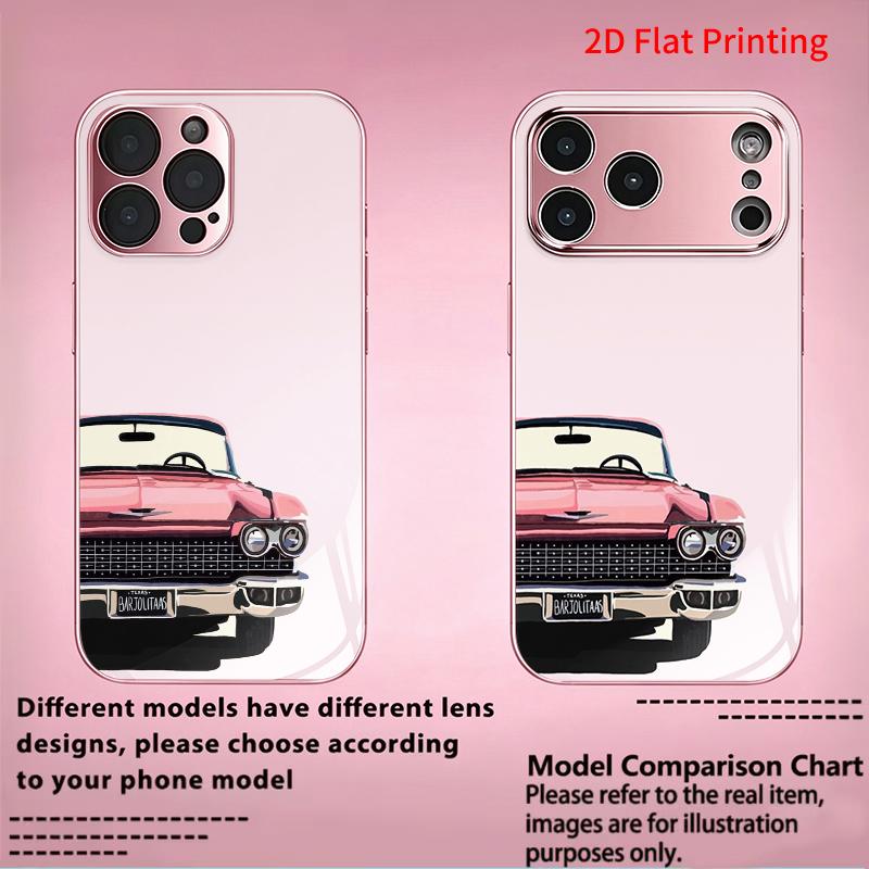 2DFlat electroplated tempered glass phone case,Classic Pink Car Design,suitable for iPhone 18 Pro Max 17 16 15 14 13 12 11