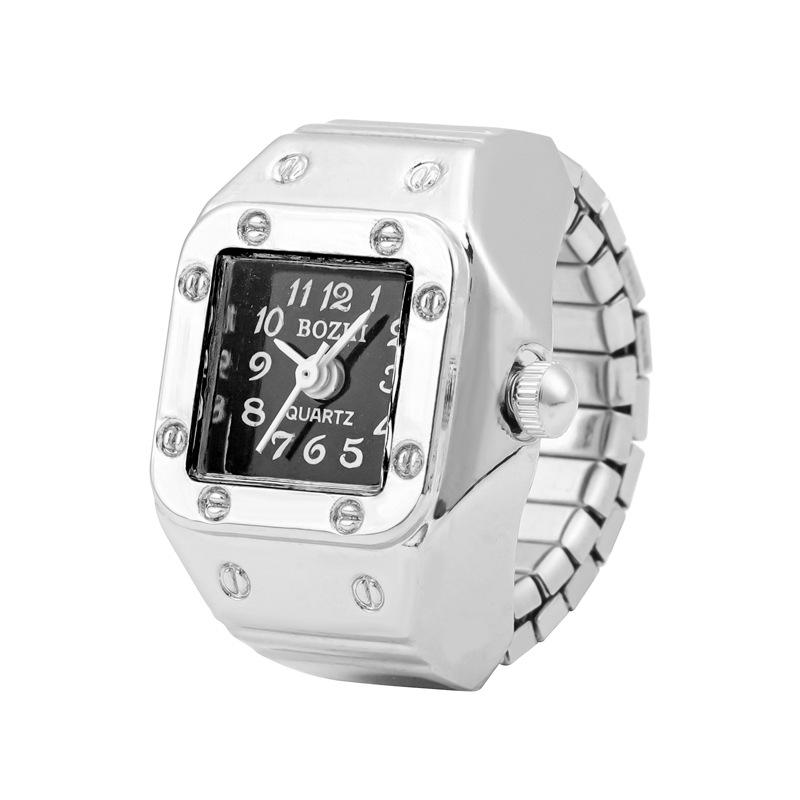 Кварцевые часы-кольцо со стразами и металлическим эластичным браслетом
