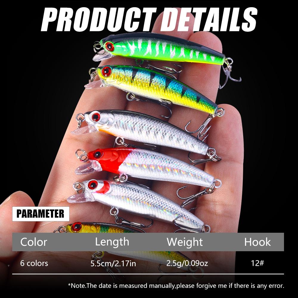 6 шт./лот, рыболовные приманки, жесткая приманка Minnow Popper с тройным крючком, реалистичные 3D рыболовные глаза, приманка для плавания, воблер, глубокая/мелкая, 5,5 см-2,5 г