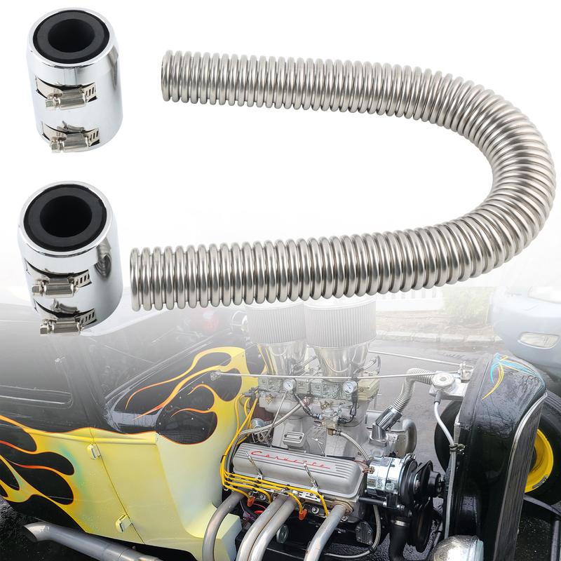 24" (61cm) Stainless Steel Radiator Hose Flexible Coolant Water Hose Kit With 2 Chrome Caps Universal