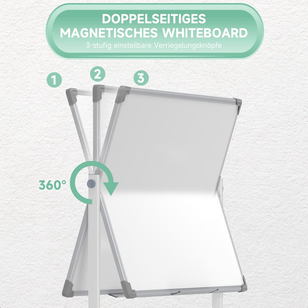 Whiteboard, 120 x 90 cm, Magnetic, Rotatable, Mobile, incl. Marker & Eraser, Metal Frame, White