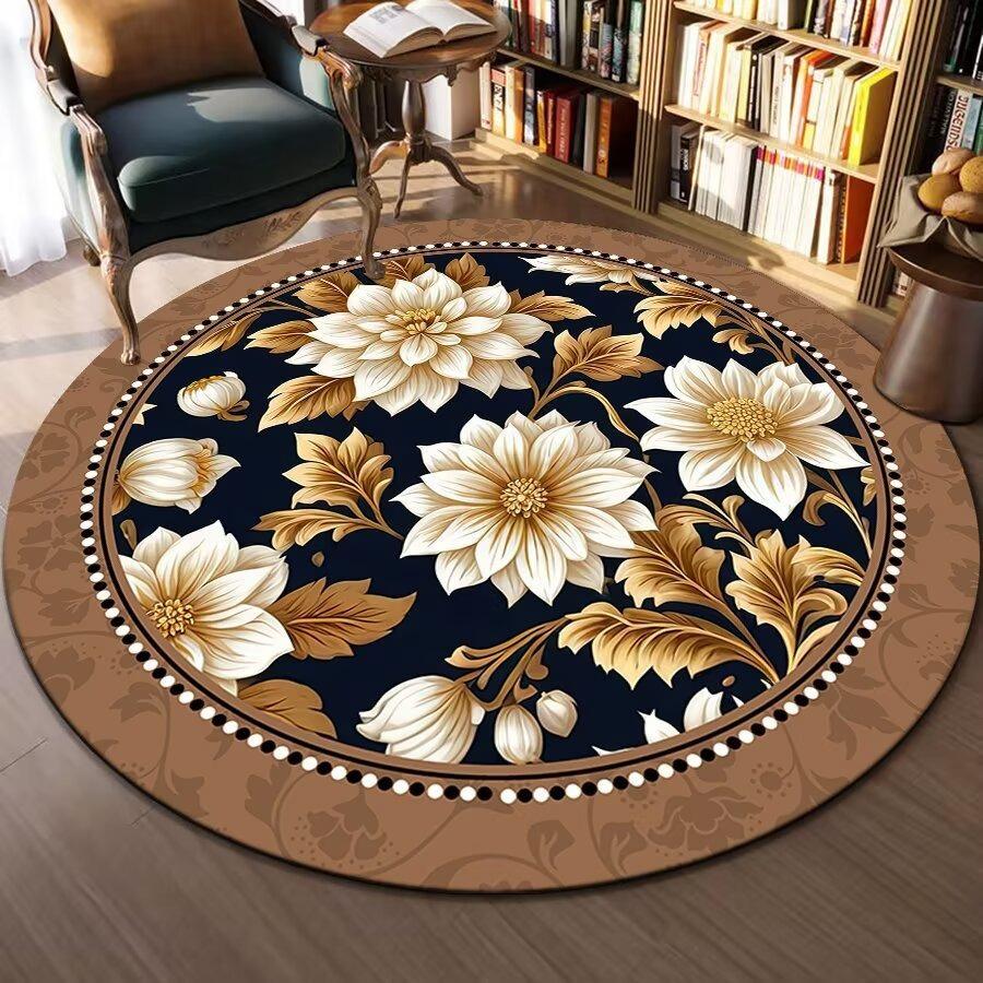 Round Area Rug With Traditional Patterns Lotus Flower Landscape Exquisite Artistic Style Soft Durable Floor Decor For Bedroom