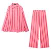 Kaslead New Arrival Women's Clothing Fashion Style Stripes Bubble Cotton Loose Casual Shirt Pants Suit