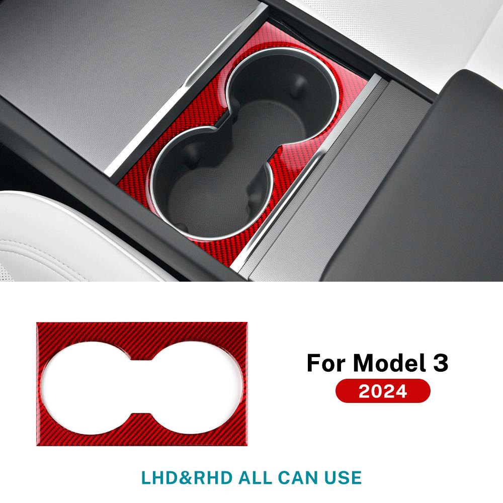 Luxury Real Soft Carbon Fiber Car Water Cup Holder Panel Cover for Tesla Model 3 Highland 2024 ABS Interior Trim Accessories