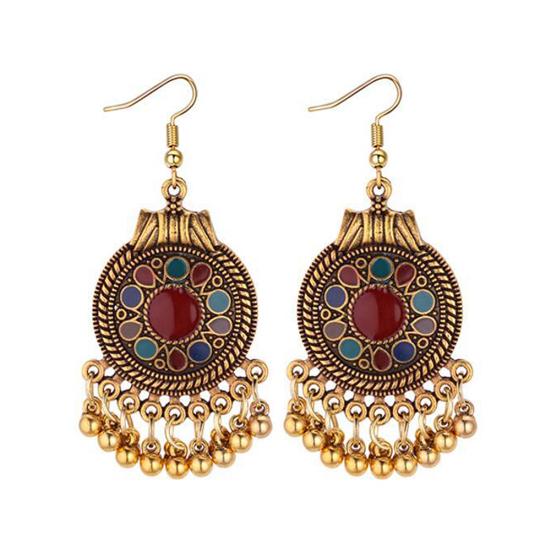 Women Ethnic Tassel Disc Flower Bead Pendant Long Dangle Hook Earring Jewelry