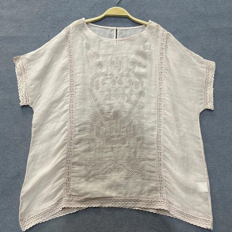 Johnature Summer Sweet Embroidery Tops Vintage Casual Design Sense Versatile Short Sleeve Pullover Shirts Women