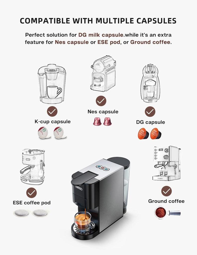 Кофемашина HiBREW H3A 5 в 1, давление 19 бар, холодный/горячий режим, резервуар для воды на 1000 мл, защита от высыхания - серебристый