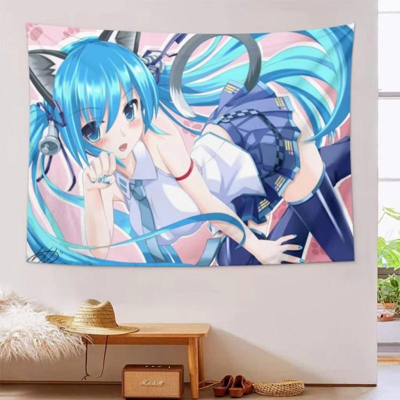 Cat-Ear Anime Tapestry, Cute Blue Twin-Tail Singer Polyester Wall Hanging, Anime-Style Bedroom Wall Decoration