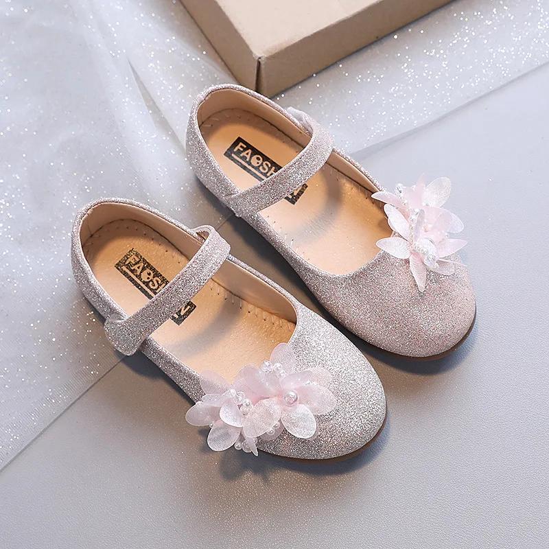 Newest Spring Girls Leather Shoes Children Girl Baby Princess Flowers Sneakers Pearls Diamond Shoes Kids Dance Shoes I07162