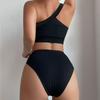 2024 Solid Color Ribbed One-Shoulder High-Waisted Bikini Swimwear