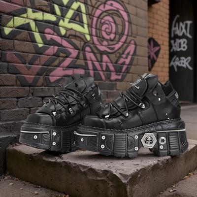 Готические ботильоны на платформе с металлической отделкой Женские кроссовки в новом панк-стиле Обувь на шнуровке