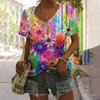 Summer V-neck 3D Printed Colorful Floral Graphics Top Fashionable Casual Short Sleeved Women's T-shirts