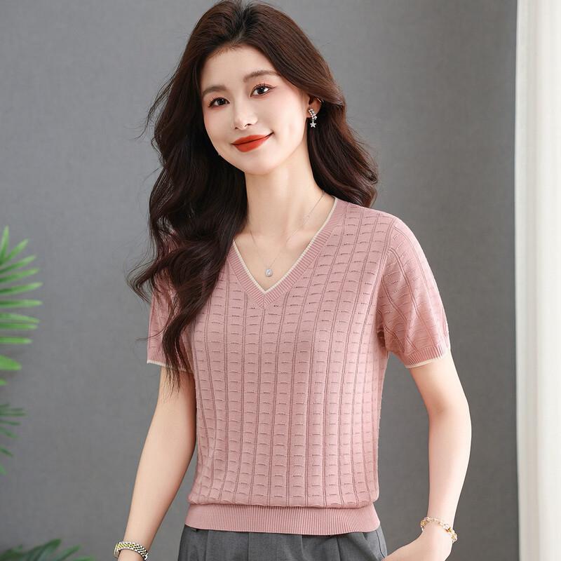 SNOWFLYING Women's V-Neck Color-Block Lyocell Silk Blend Knit Tee