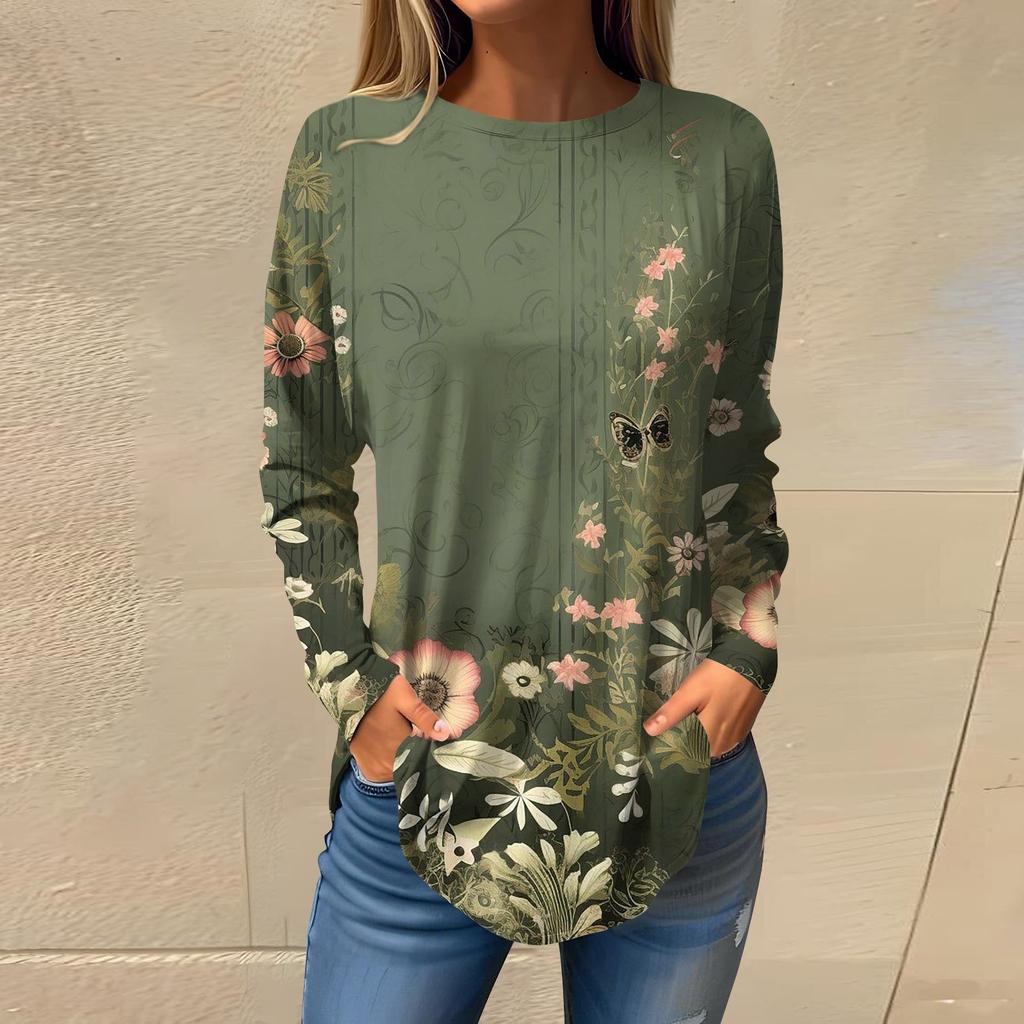 Tee Shirts For Women Fall Casual Long Sleeve Shirts Sweatshirt Retro Printing Top Pullover