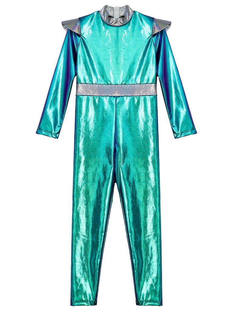 Girls Alien Cosplay Costume Space Astronaut Robot Jumpsuit Long Sleeve Shiny Metallic Bodysuit For Halloween Christmas Dress Up