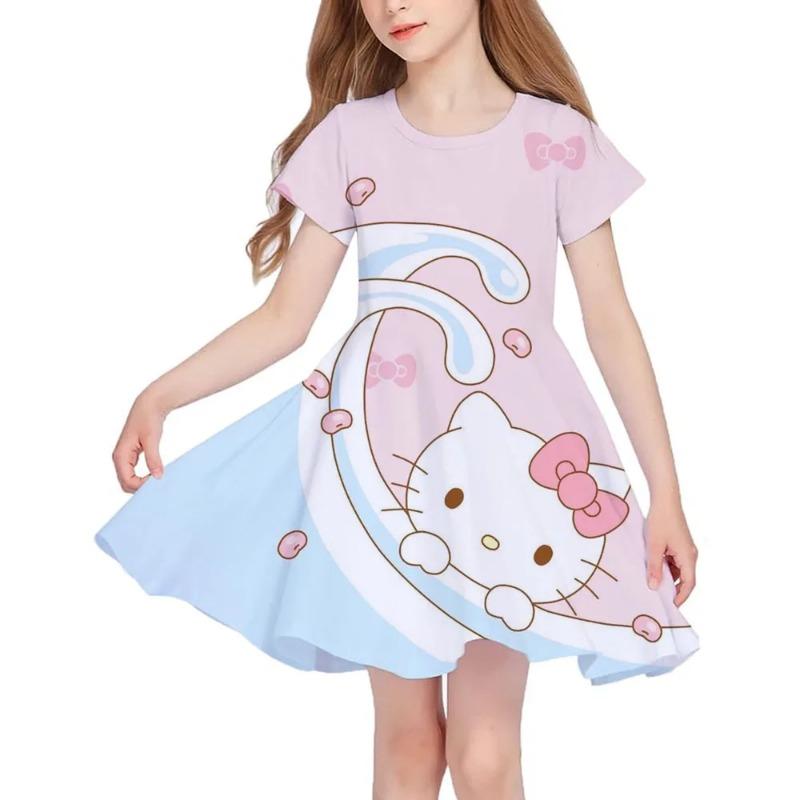 Летнее Новое Платье для Девочек с Коротким Рукавом Hello Kitty 3D Принт Детская Юбка-Рыбка Повседневное