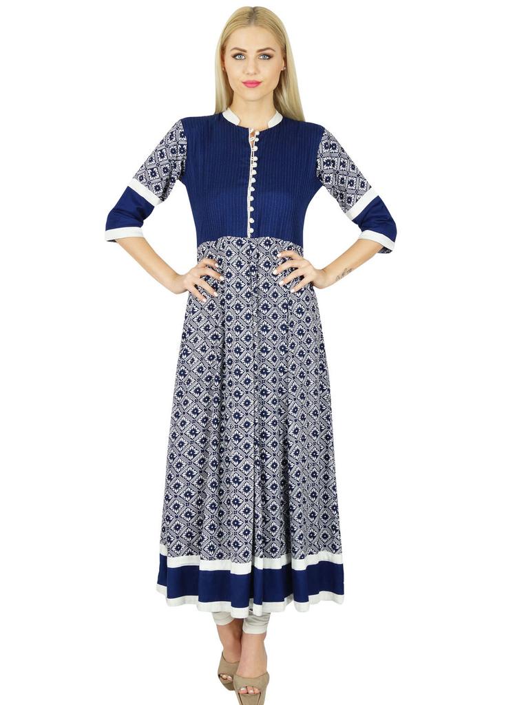 Bimba Women Blue Anarkali Custom Kurti Long Flaired Rayon Kurta Indian Ethnic