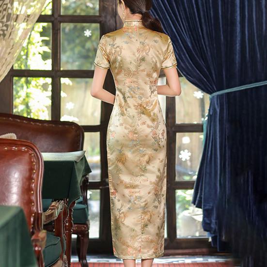 Cheongsam с принтом, длиной до середины икры, облегающее женское платье с узором Дракона и Феникса, элегантное платье с разрезом