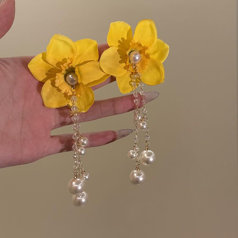 Серьги с кисточками в виде цветов из шифона "Серебряная игла", Милый стиль Мори, Дофаминовый тренд, Универсальные женские серьги