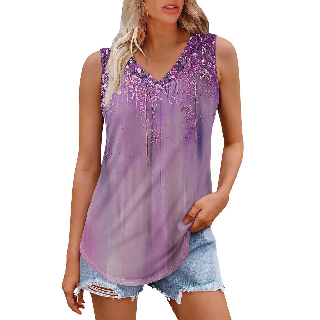 Женская майка с V-образным вырезом и принтом, повседневная майка, свободный крой, топы без рукавов, струящиеся