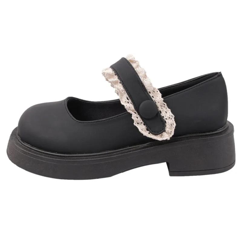 Женские туфли на каблуках с милой кружевной отделкой и круглым носком Туфли Мэри Джейн с пряжкой на липучке Модные туфли на платформе с широким каблуком в стиле Лолиты