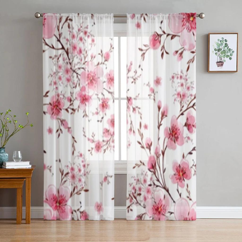 Beautiful Blooming Branches Tulle Window Curtain For Living Room Bedroom Voile Sheer Curtains Kitchen Treatments Drapes