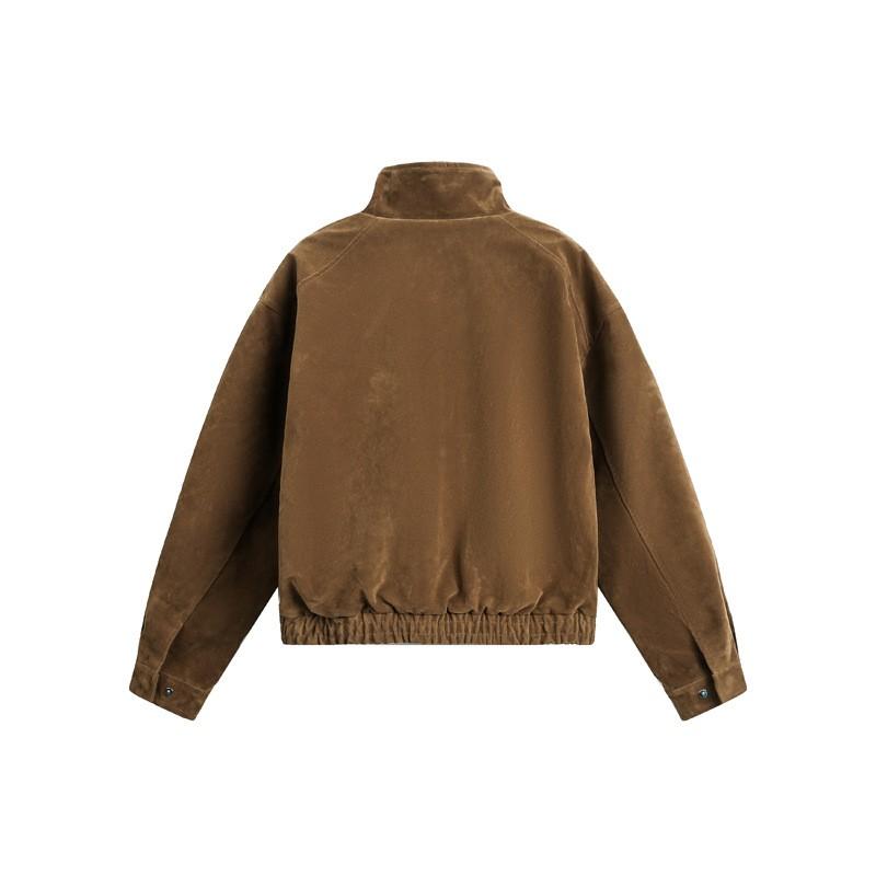 Унисекс Замшевая куртка на флисовой подкладке с воротником-стойкой на молнии Streetwear Короткая укороченная верхняя одежда Осень