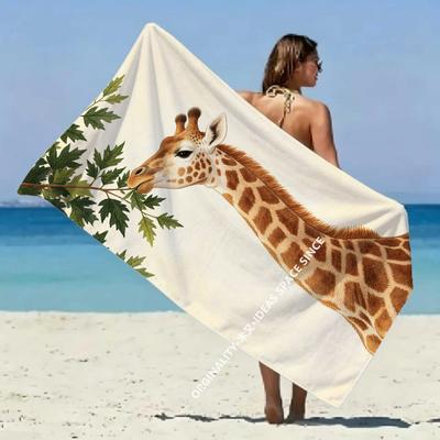 Giraffe Feeding Print Beach Towel Patterned Sunscreen And Windproof Suitable For Swimming Pool Camping Travel