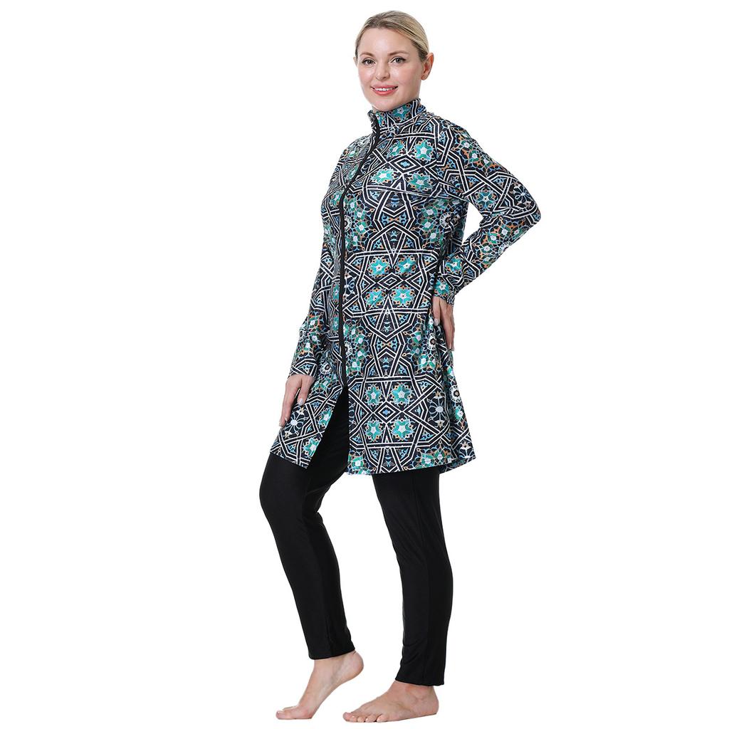 3XL-8XL Women Muslim Muslimah Swimwear Full Coverage Flower Patterned Zippered Women Swimming Suit Comfortable Highly Elastic 3 Pieces Beachwear