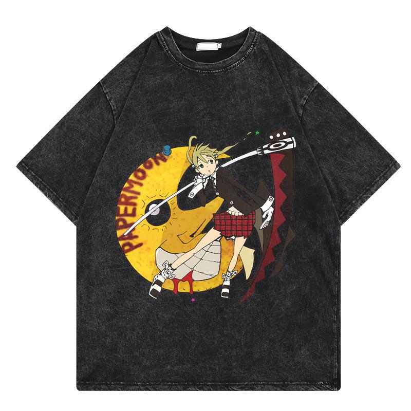 Anime Soul Eater Shirt Men's Breathable Printing Polyester Short Sleeve Vintage Washed Tshirt Fashion Harajuku Loose Y2k Tees Tops