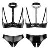 Women's Fashion Lingerie Set Patent Leather Wire-free Bra Top with High Cut Briefs Underwear Honeymoon Costume