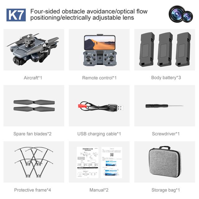 Новый дрон K7 8K, профессиональный квадрокоптер высокой четкости с двойной камерой, WIFI, светодиодный светильник, трехосевая защита от сотрясений и оптический поток, предотвращение препятствий