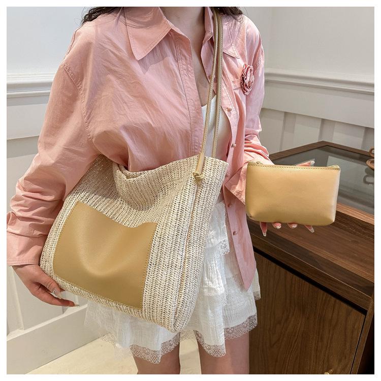 Женская плетеная сумка из соломы на весну/лето 2024 года: Винтажная сумка-тоут на плечо в пасторальном стиле