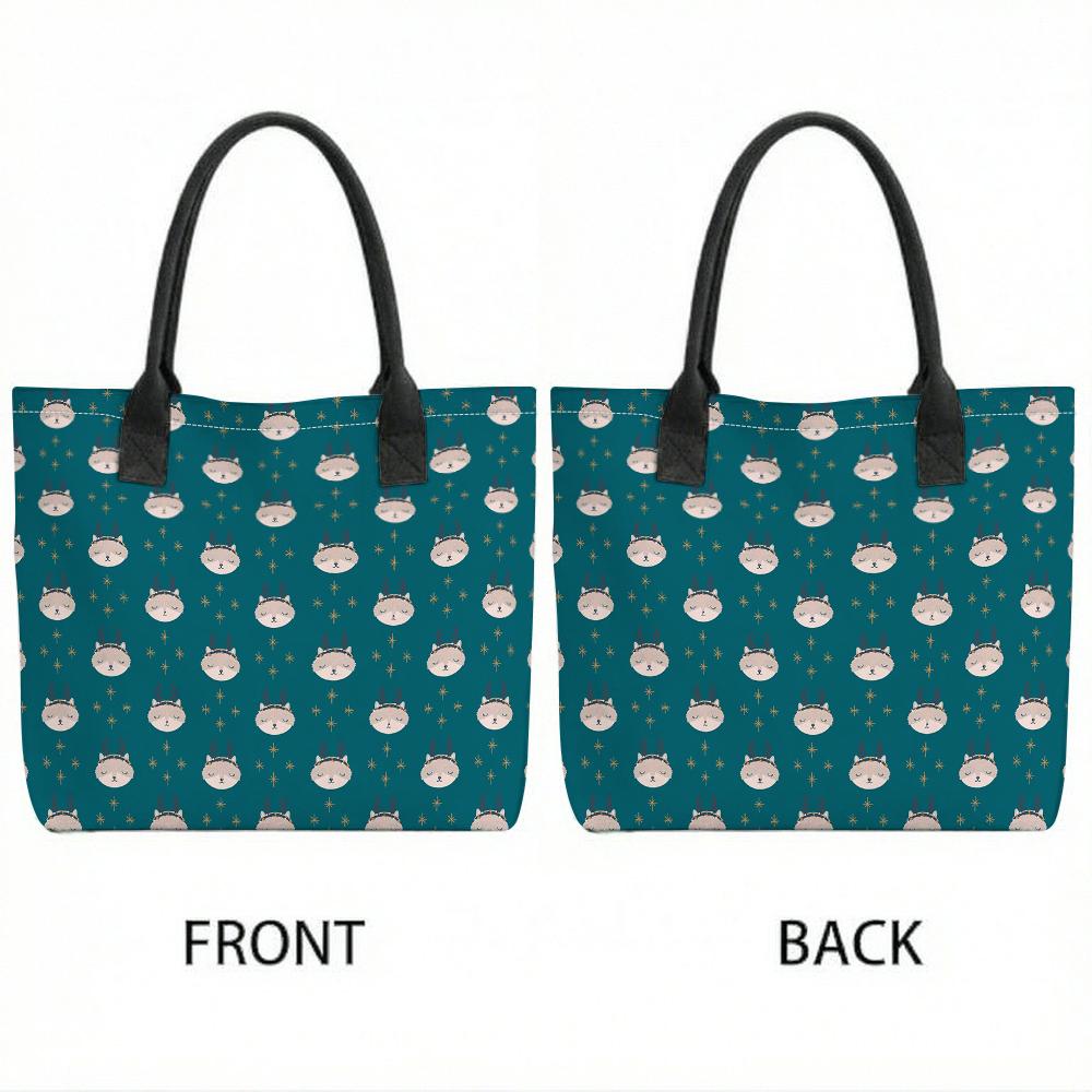 Cute Cat Print Canvas Tote Bag Casual Daily Large Capacity Shoulder Bag for Women Shopping Travel Use
