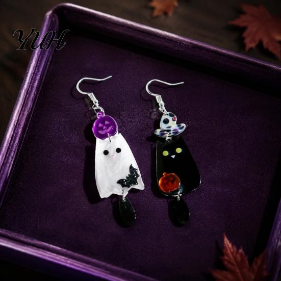 Unique Niche Gifts for Friends 1 Pair Acrylic Halloween Earrings, Black White Ghost Drop Dangle Earrings with Lightweight Daily Wear Ear Hooks