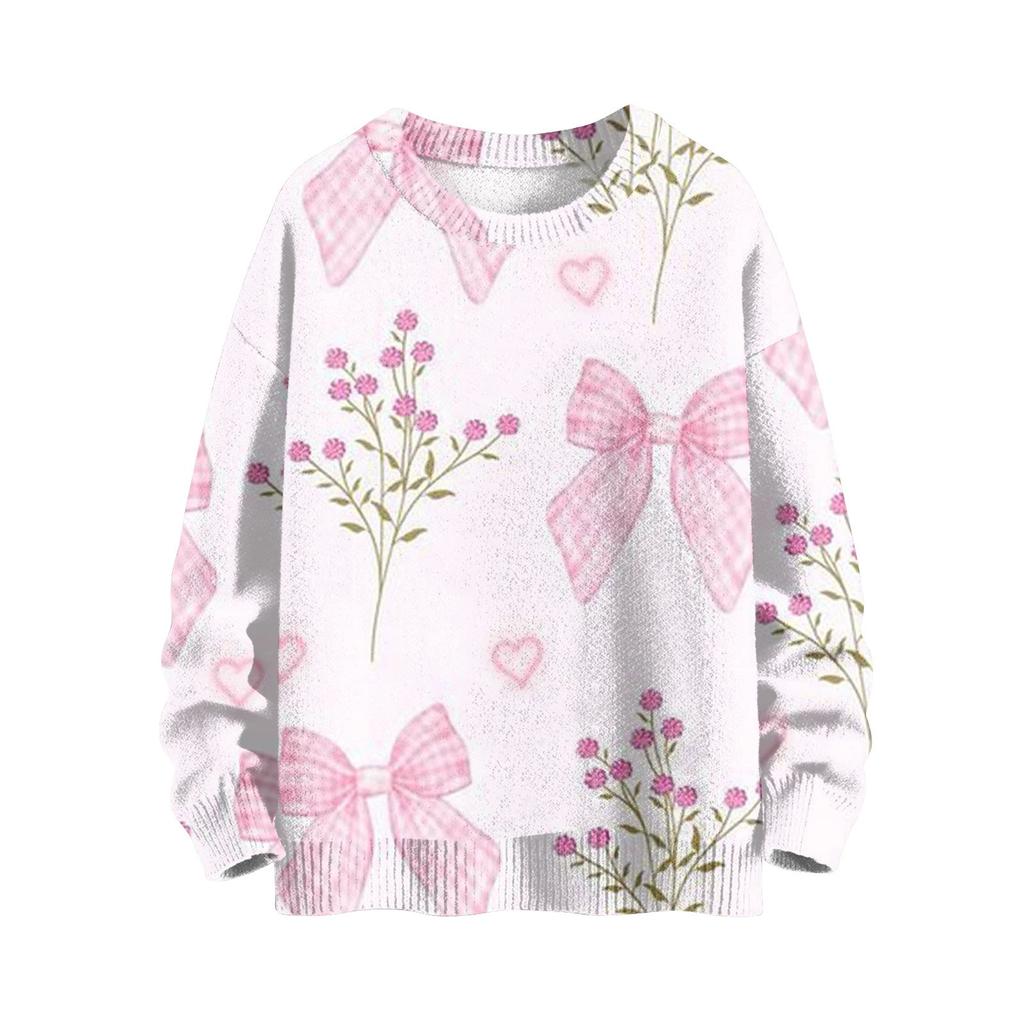 Женская мода повседневный длинный рукав бант принт милый ворот шерстяной трикотажный пуловер топ