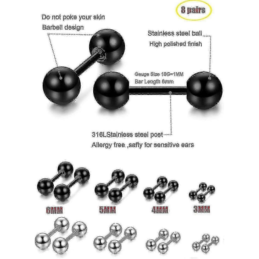 8 Pairs Stainless Steel Ball Stud Earrings Barbell Cartilage Helix Ear Piercing 3-6mm 2 Colors 18g (4 Pairs White+4 Pairs Black) -