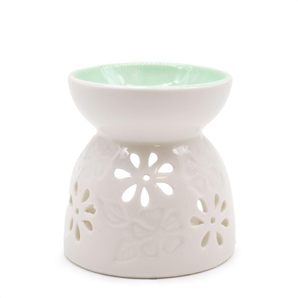 White Ceramic Oil Burner - Floral Teal Well