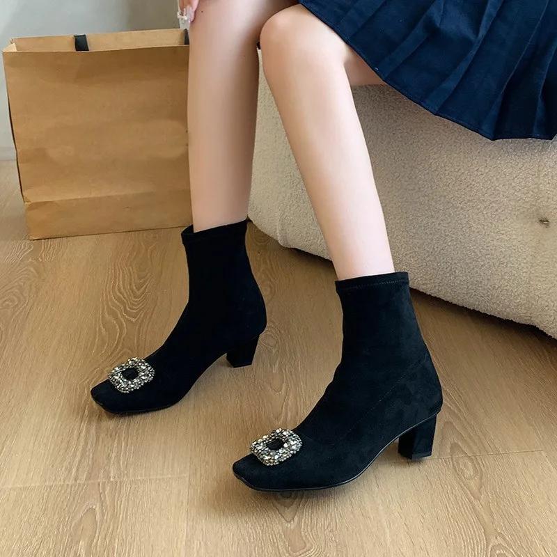 Fashion Luxury Rhinestone Square Head Slim Short Boots for Women Shoes Retro Matte Suede Black Elastic Med Thick Heeled Sock Boot