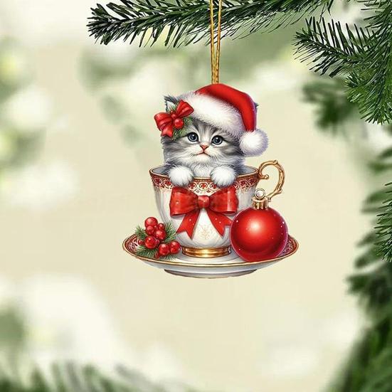 Acrylic Teacup Cat Hanging Ornaments Cute Cartoon Cat Christmas Ornament 2D Flat Car Mirror