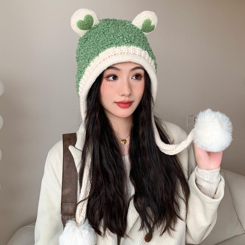 Новая шапка женская Love Frog вязаная пушистая шапка зимняя теплая и холодная шерстяная защитная шапка Tide