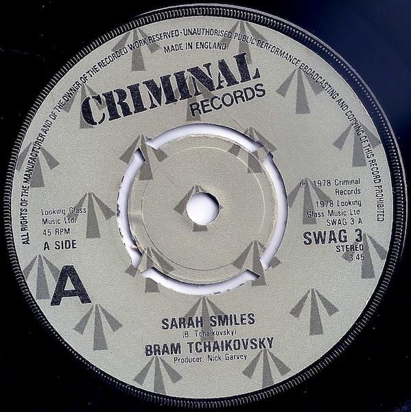 7-дюймовая пластинка BRAM TCHAIKOVSKY - Sarah Smiles SWAG3 Criminal Record 1978 UK Rock Б/у