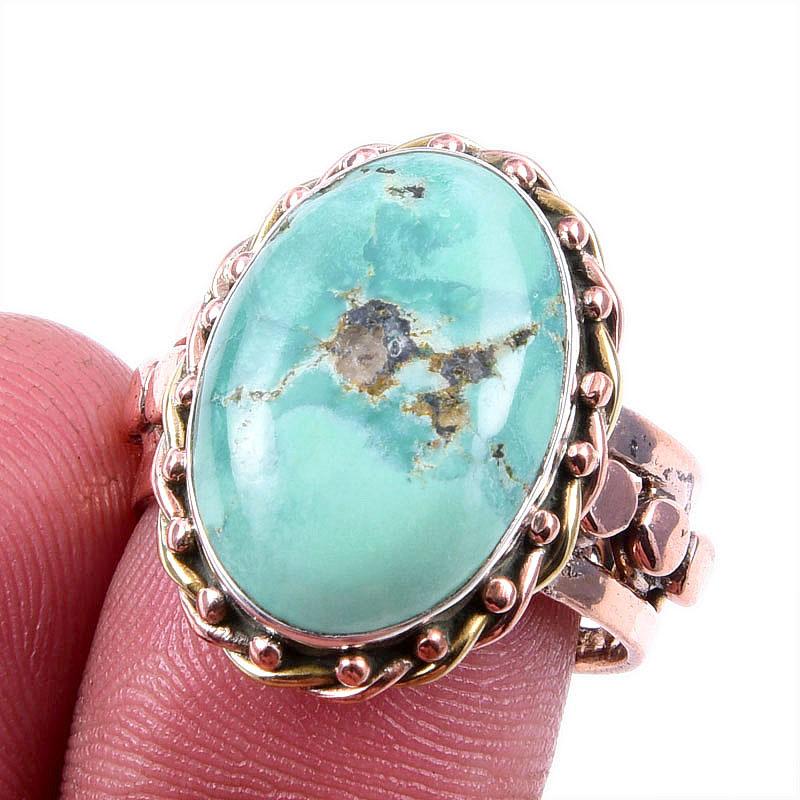Natural Tibetan Turquoise Gemstone 925 Solid Silver Two Tone Ring Size 8US G5l31