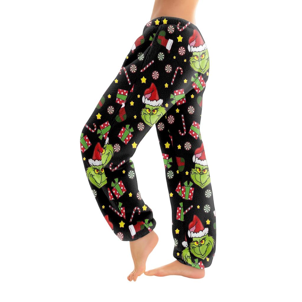 Женские брюки с рождественским принтом, манжетами на кулиске, повседневные брюки и пижама