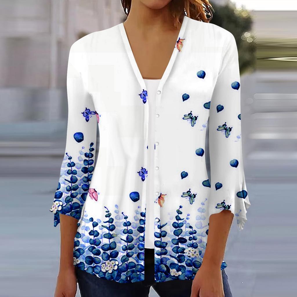 Women's Shirt Blouse Outerwear Print 3/4 Length Sleeve Casual Holiday Basic Button Tops