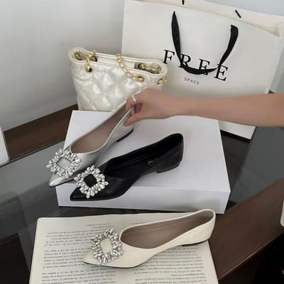 Остроносые туфли-лодочки женские весенне-осенние туфли с мелким вырезом стразы черные женские темпераментные на плоской подошве ladyshoes