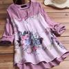 Plus Size Women's Shirt Cotton Linen White Blouse Patchwork Floral Print Top Female Casual V-Neck Long Sleeve Loose Women Tunic