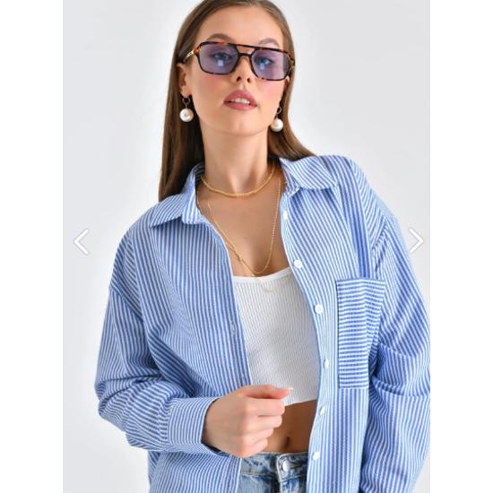 Blue Crepe Detailed Striped Shirt