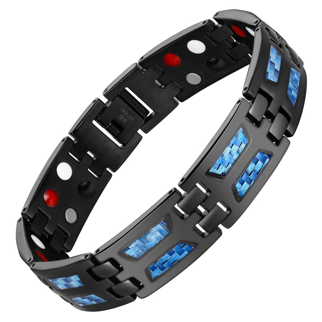 Magnetic Therapy Bracelets for Men Unique Blue Carbon Fiber Titanium Steel Materials Magnetic Bracelet for Men Black with 4 Element Magnets
