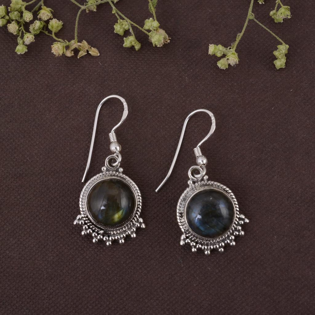 Круглая серьга с кабошоном из натурального лабрадорита-серебро 925 пробы ручной работы висячая серебряная серьга для женщин